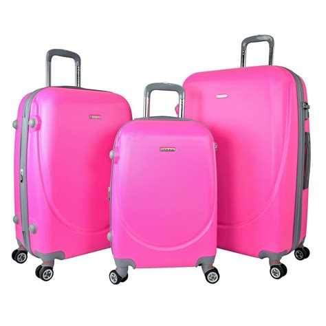 pink hard suitcases with wheels.